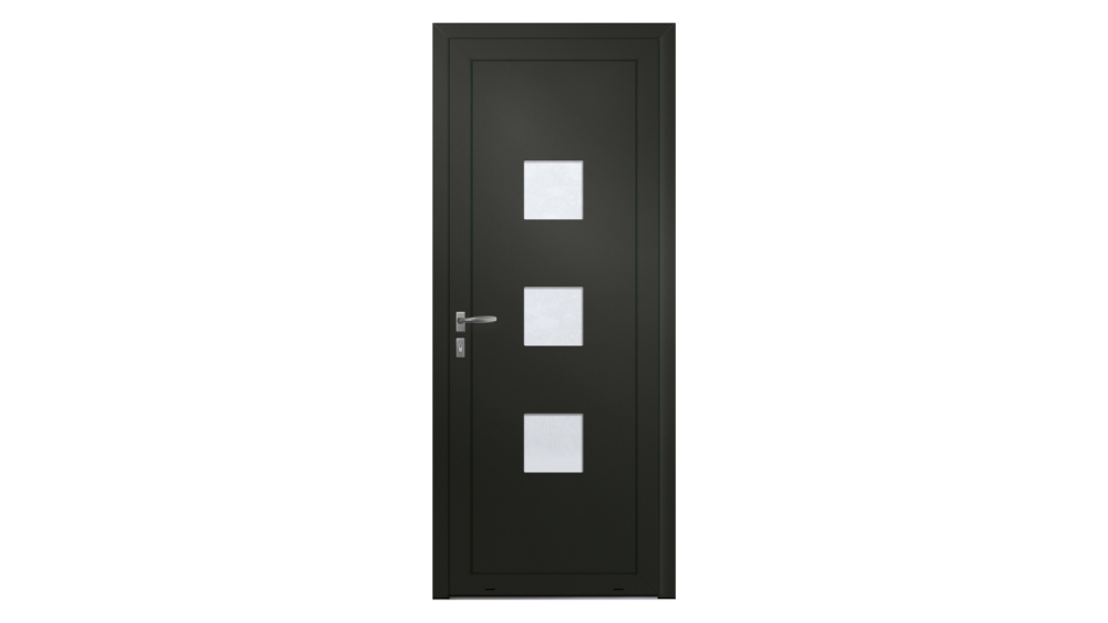 Porte d'entrée PVC parclosé VOLTA Porte d'entrée grise foncée avec trois inserts carrés placé au centre horizontalement